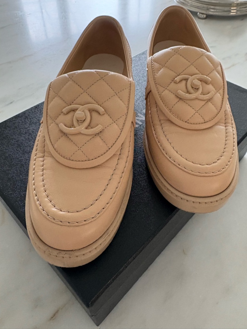 CHANEL Quilted Leather Loafers in Light Beige - Picture 3 of 12